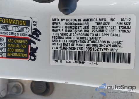 2013 Honda Cr-V Ex-L z USA, uszkodzony, nr VIN 5J6RM3H76DL005152